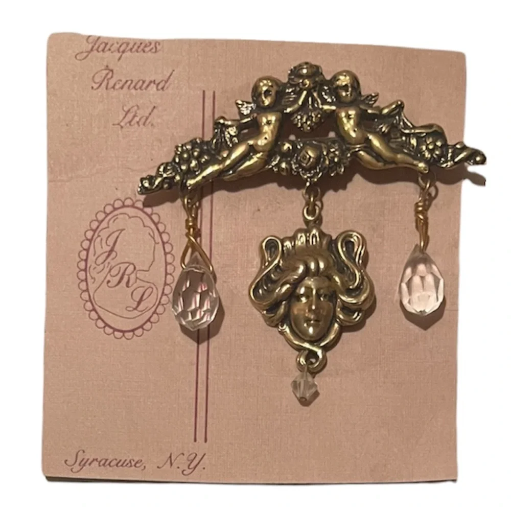 Victorian Angel Brooch Pin Romantic Cherub Ornate Gold Floral Crystal Gemstone